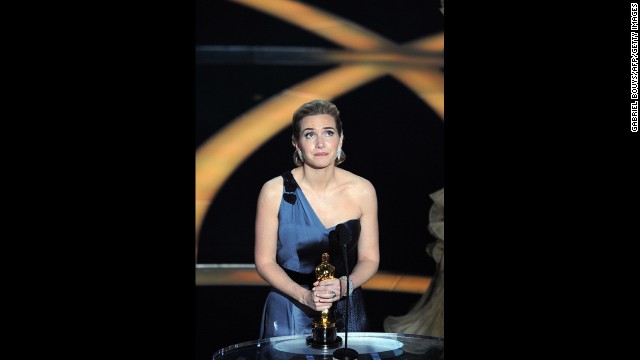 Kate Winslet reacts after winning the best actress Oscar for "The Reader." 