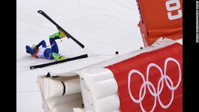 Slovakia's Barbora Lukacova falls during the women's slalom on February 21.