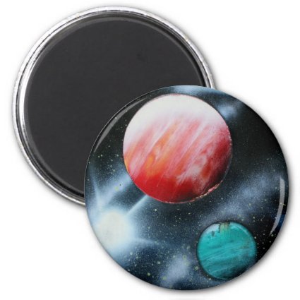 Red Green Planets and White star spraypainting Refrigerator Magnets
