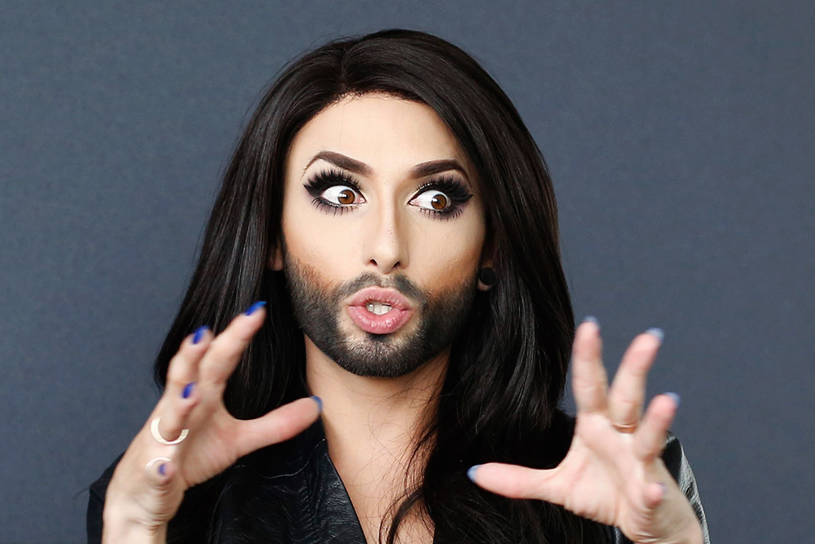 Austrian drag queen Conchita Wurst gestures during an interview. Wurst will take to the European stage as Austria's contender for Eurovision, the song contest that launched the global careers of ABBA and Celine Dion, Wurst's idols.