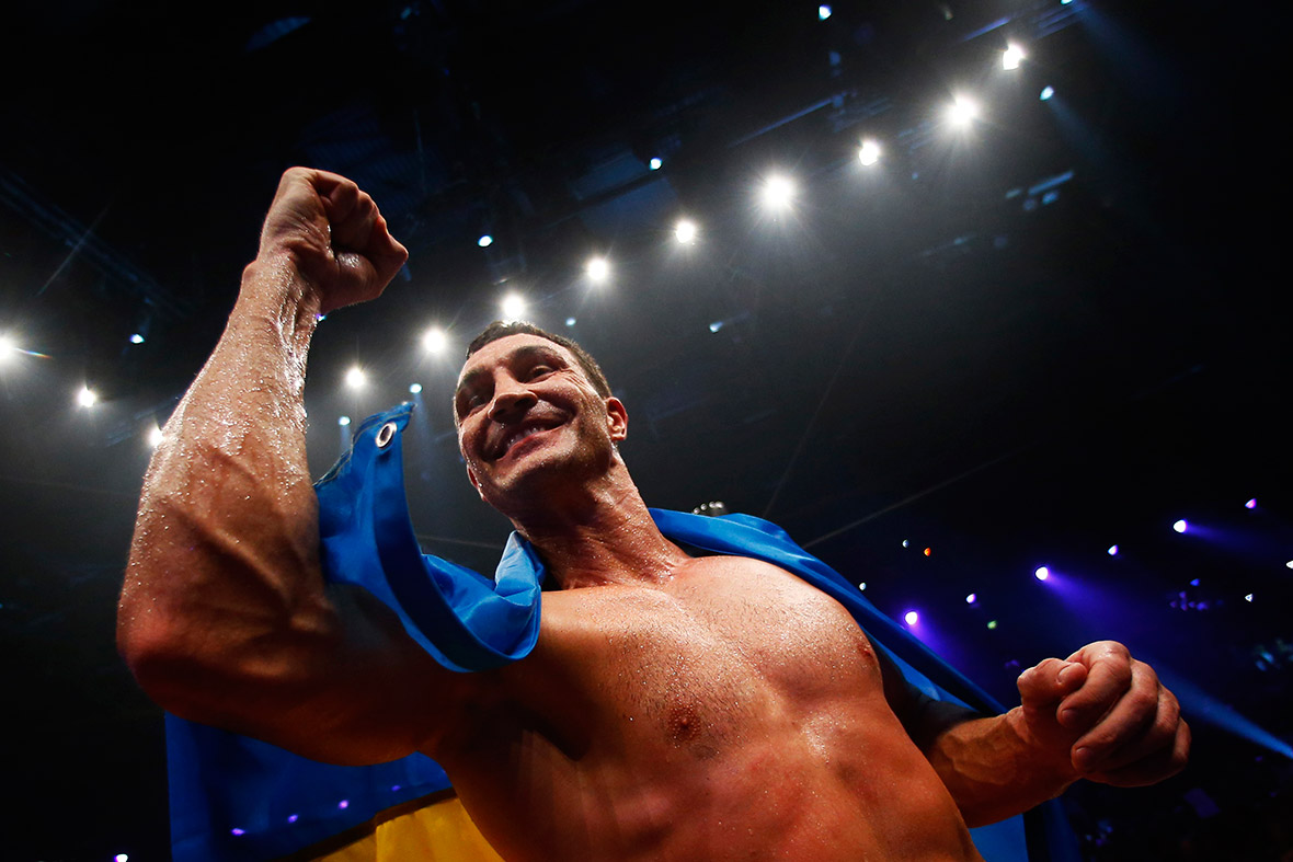 World heavyweight boxing champion Vladimir Klitschko of Ukraine celebrates after defeating Australian challenger Alex Leapai during their WBO heavyweight title fight in Oberhausen. Klitschko won after a knock out in round six