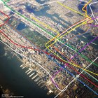 New York City Subway Map Superimposed Over Aerial Photograph of City [987 x 1000]