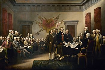 John Trumbull's Declaration of Independence, showing the five-man committee in charge of drafting the United States Declaration of Independence in 1776 as it presents its work to the Second Continental Congress in Philadelphia