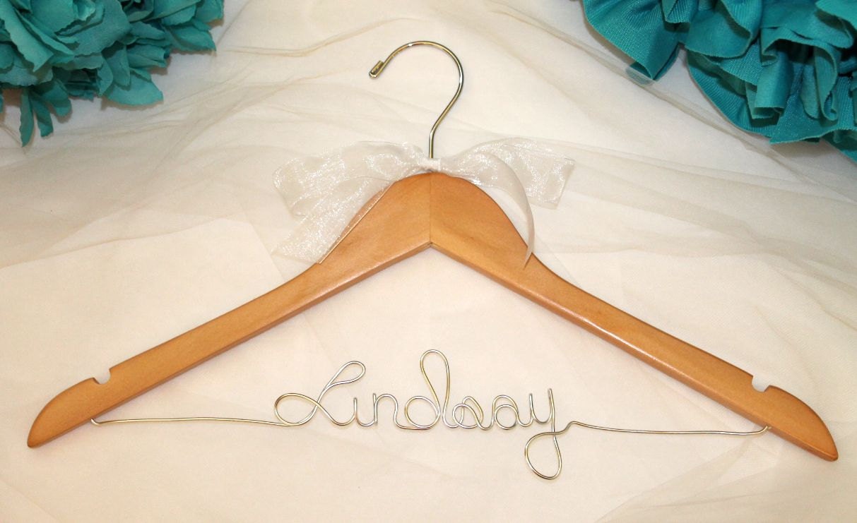 3.50 SALE COMPLETE Hanger - Complete with Bow Natural Personalized Wood Wedding Dress Hanger Any Name, Mrs.Your Name, Bride, I Do