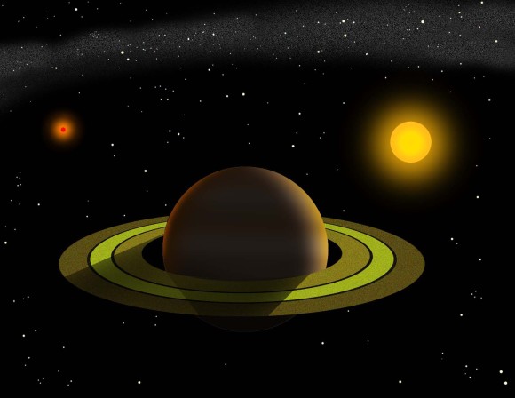 Artist's conception of the planet and its view of the two stars that make up the Gamma Cephei system. The planet orbits the bright yellow star on the right every 2.5 years. [larger view] Image and caption via Tim Jones/McDonald Observatory.