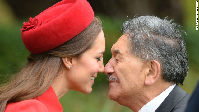 Catherine receives a "hongi," a traditional Maori greeting, by a Maori elder during a welcoming ceremony at Government House in Wellington. 