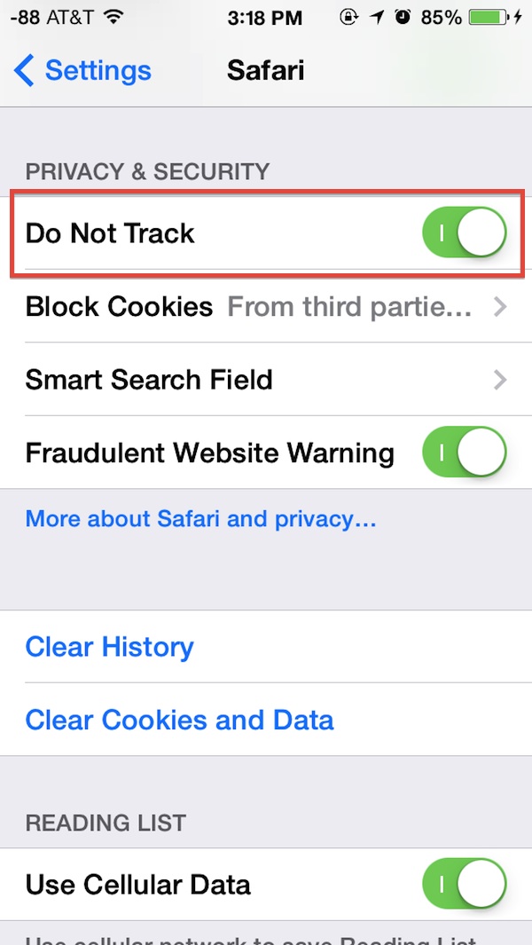 Enabling Do Not Track in Safari for iOS