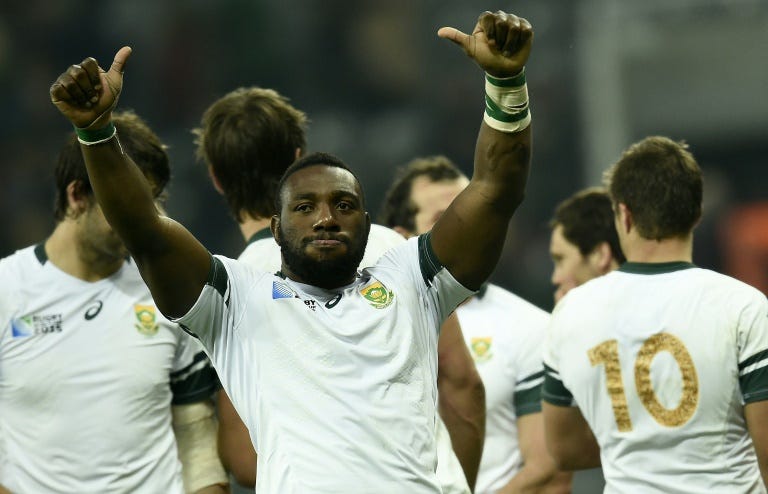South Africa's prop Tendai 'The Beast' Mtawarira celebrates after winning a Pool B match of the 2015 Rugby World Cup against Scotland at St James' Park in Newcastle-upon-Tyne, north east England on October 3, 2015