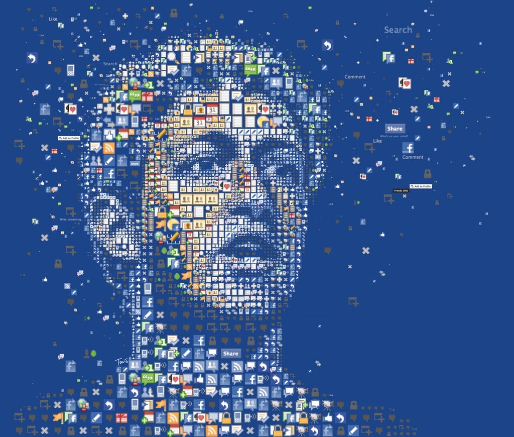 A mosaic portrait of Facebook's co-founder, CEO and President, Mark Zuckerberg for Wired magaine (UK edition) made out of the original Facebook icons.