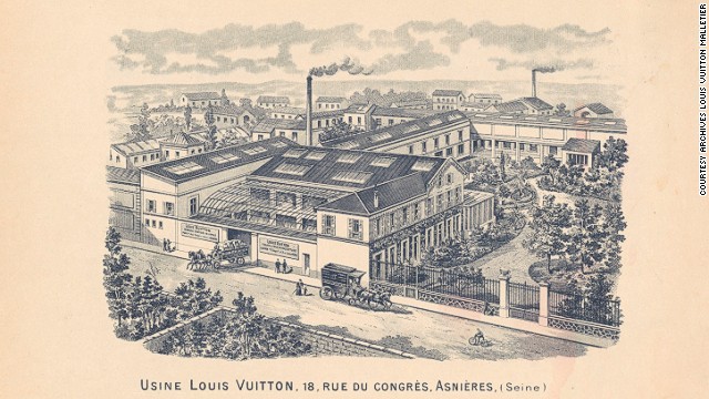In order to meet the growing demand for his trunks, Louis Vuitton opened a new workshop in Asnières, northwest of Paris in 1859. The factory, seen here on the back of the 1897 Vuitton catalog, was designed using the most modern architectural developments of the time. 