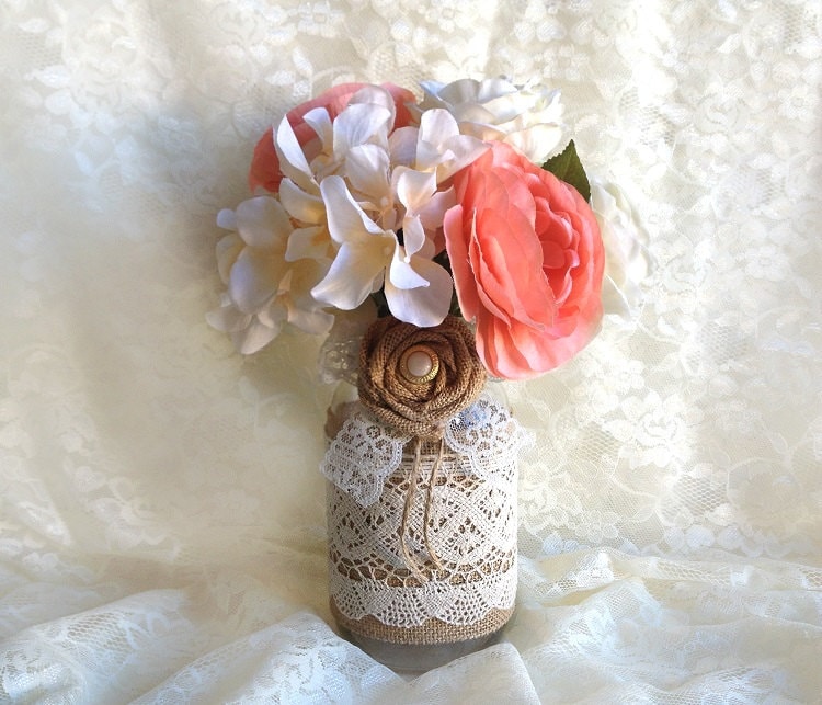 burlap and lace covered rustic mason jar vase - wedding decoration, bridal shower decoration, rustic decoration