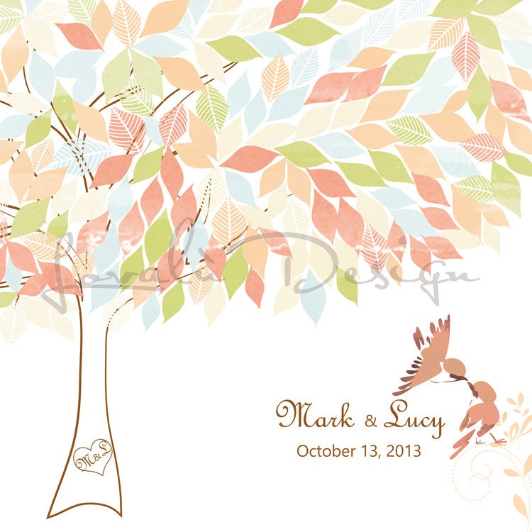 Wedding Guestbook custom tree watercolor on canvas with sparrows 170 peach greenaqua nuanced leaves. It's possibie only in pdf