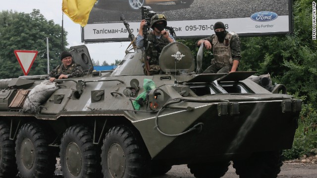 A Ukrainian armored personnel carrier takes position during a battle with pro-Russian separatist fighters May 31 in Slovyansk.