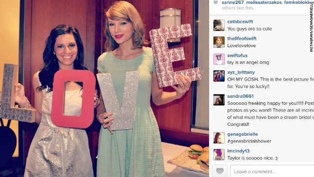 Taylor Swift should be invited to all<i> </i>of<i> </i>our parties. Not only does the superstar singer show up when called -- <a href='http://ift.tt/RtjNYX' target='_blank'>as she did when fan Gena Gabrielle</a> sent the star an invite to her bridal shower in Columbus, Ohio -- but she comes bearing gifts<i>.</i> Gabrielle, pictured here with Swift on the day of her bridal shower, <a href='http://ift.tt/1eFVnAc' target='_blank'>was gifted with plenty of cooking supplies</a> from the singer, including a KitchenAid mixer. 