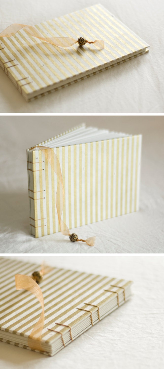 Nautical striped guest book memory journal ivory gold stripes vintage style wedding album