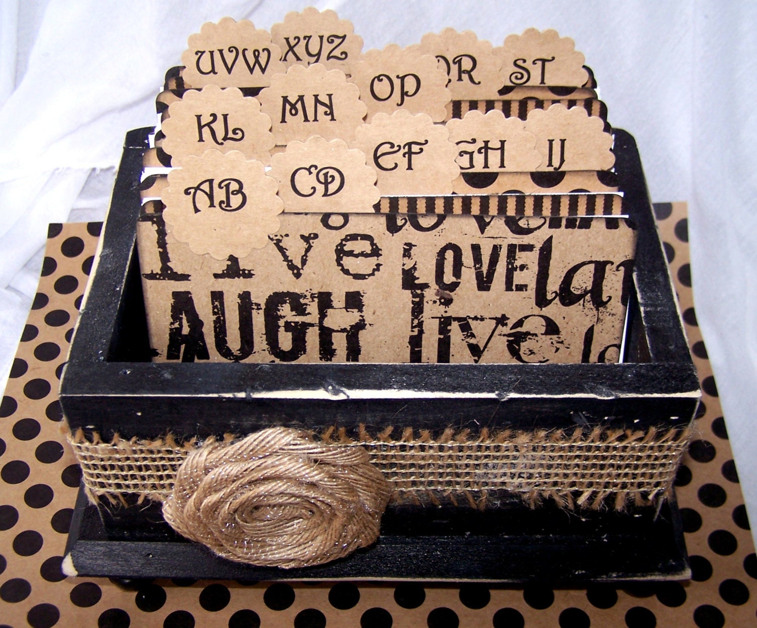 Wedding Guest Book Box- Black Distressed Shabby Chic Box, Live, Love, Laugh, Burlap Ribbon and rosette, Rustic