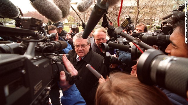 Robert Bennett, Clinton's personal attorney, makes his way through a crowd of photographers as he arrives at federal court in Washington on March 5, 1998. Starr's grand jury was questioning witnesses in the Clinton/Lewinsky scandal. 