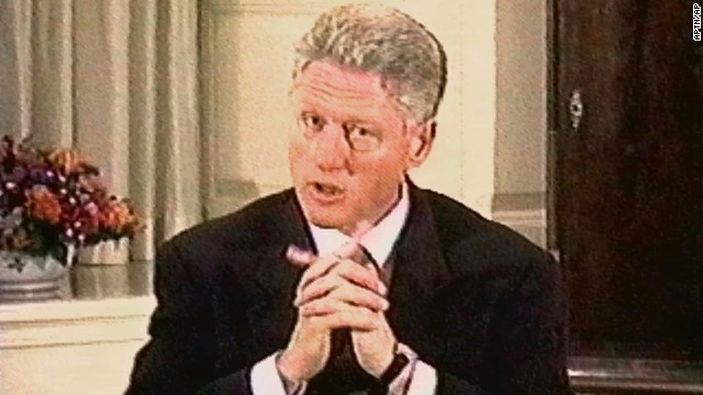 Clinton responds to a question during his grand jury deposition on August 17, 1998. The video was shown during a presentation by House members to the Senate on February 6, 1999, during the trial phase of impeachment proceedings.