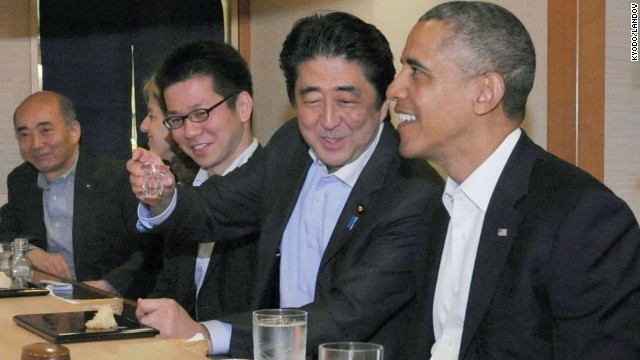 Barack Obama with Japanese Prime Minister Shinzo Abe during dinner at Sukiyabashi Jiro sushi restaurant in Tokyo's Ginza district on April 23.