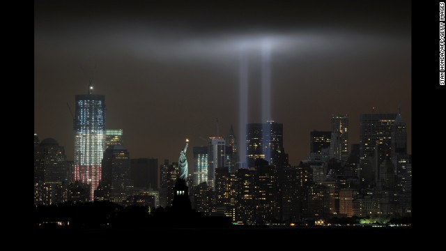 The annual "Tribute in Light" memorial echoes the twin towers of the World Trade Center on September 11, 2011.