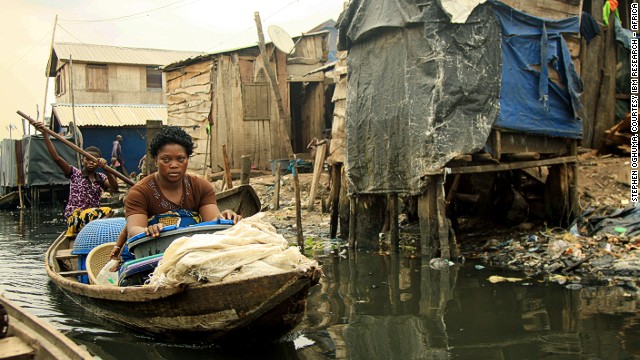 This image shows day-to-day life in Makoko, one of Nigeria's biggest and best known slums. Most of Makoko rests on stilts above the Lagos Lagoon. It has an estimated 85,840 residents many of whom are fishermen.