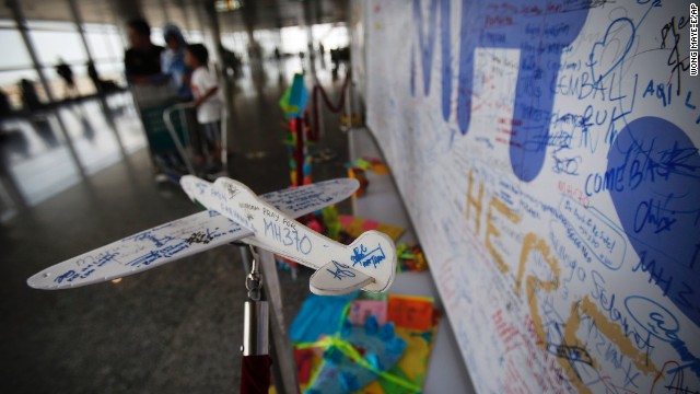 A foam plane with personalized messages dedicated to people involved with the missing flight are placed in the viewing gallery at Kuala Lumpur International Airport, on March 15, in Sepang, Malaysia.