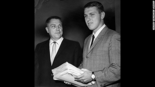 Hoffa and his son, James Phillip, enter a federal courtroom in July 1964. His son is the current president of the Teamsters.