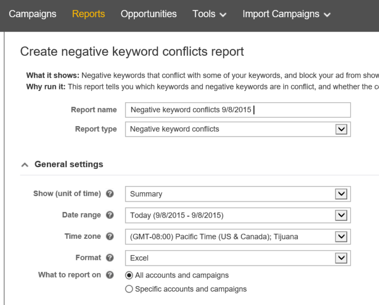 Negative keyword conflict report