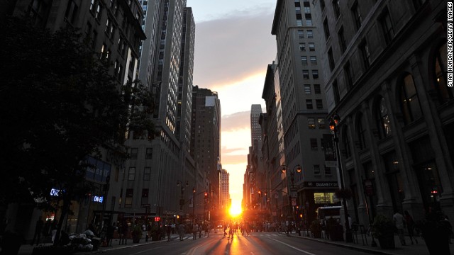"Manhattanhenge," as coined by astrophysicist Neil deGrasse Tyson, occurred on May 29, 2014 in New York. Unfortunately clouds got in the way of the spectacle this year, unlike 2013 (pictured). It's one of four days in the year (the others being May 30, July 11 and July 12) when the sun will set perfectly in line with the city's street grid. Click through the gallery for other spectacular sunsets around the world. 