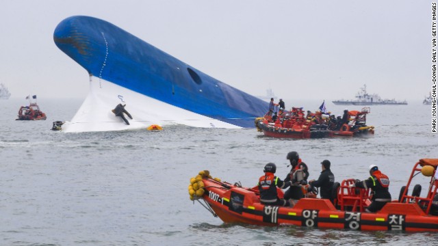 South Korean coast guard members search for survivors from the Sewol as it sinks on April 16.