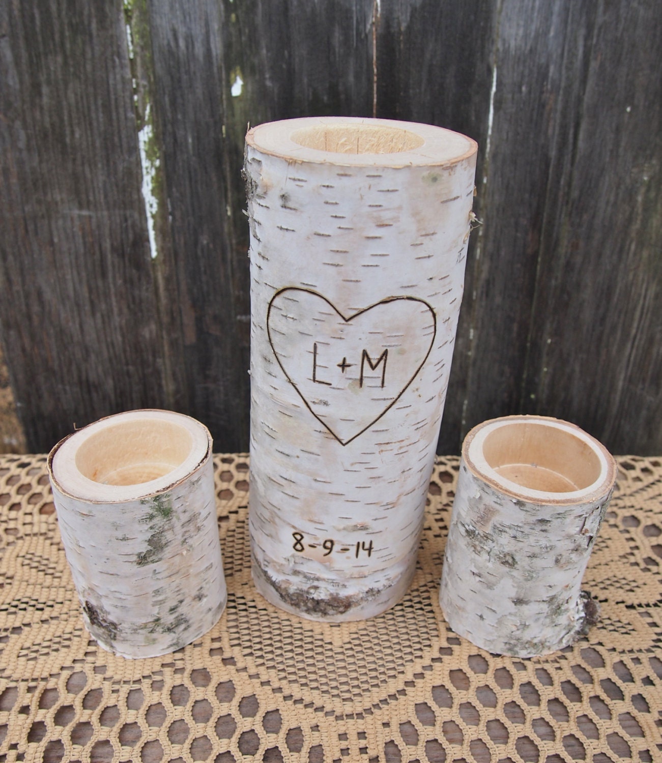 Personalized WHITE BIRCH Unity Candle Holder -Tea Candle Size - Natural Rustic Wedding Candle - Woodland Wedding Decor