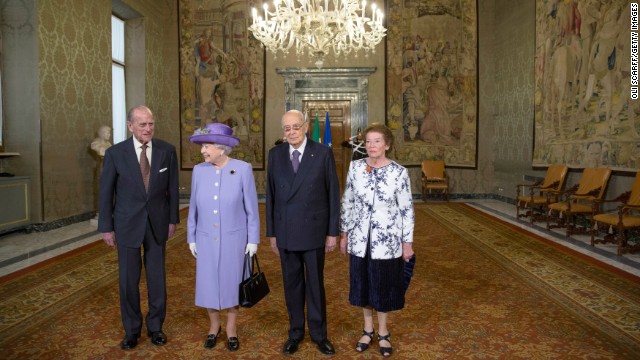 For her visit to Italy, the Queen was accompanied by her husband, Prince Phillip, left. They were greeted by Italian President Giorgio Napolitano and his wife, Clio, at the presidential palace in Rome.