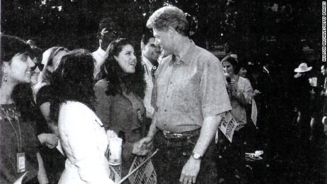 This photograph of Lewinsky meeting Clinton at a White House function was released by the House Judiciary Committee and submitted as evidence against Clinton by Special Prosecutor Kenneth Starr.