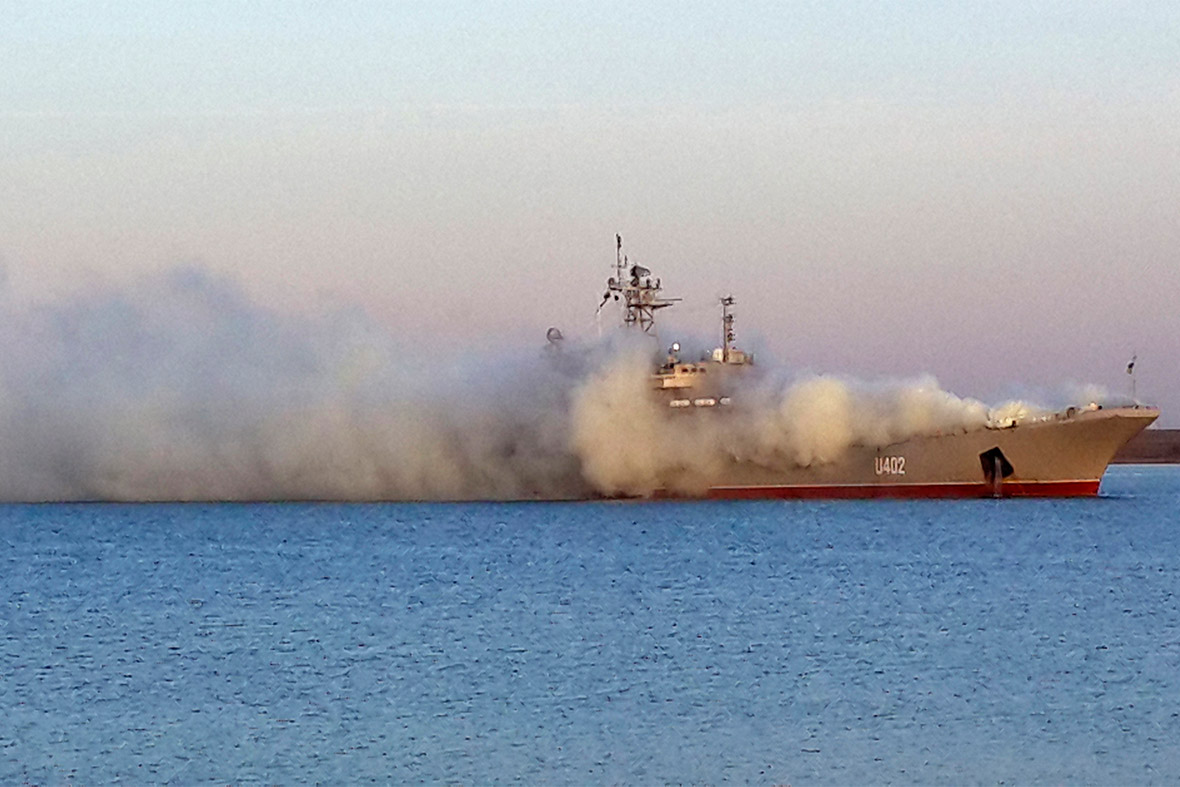 A smokescreen created by crew members partially obscures the blockaded Ukrainian naval landing vessel Konstantin Olshansky in Donuzlav bay in Crimea