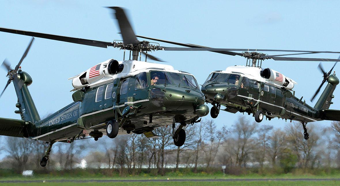 Two US helicopters land at The Hague airport during the Nuclear Security Summit