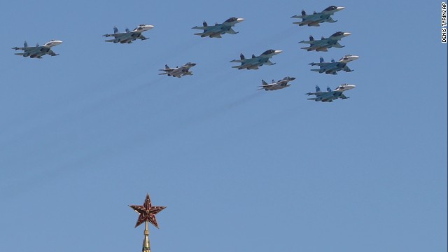 Russian Air Force fighter jets fly over Red Square in Moscow.