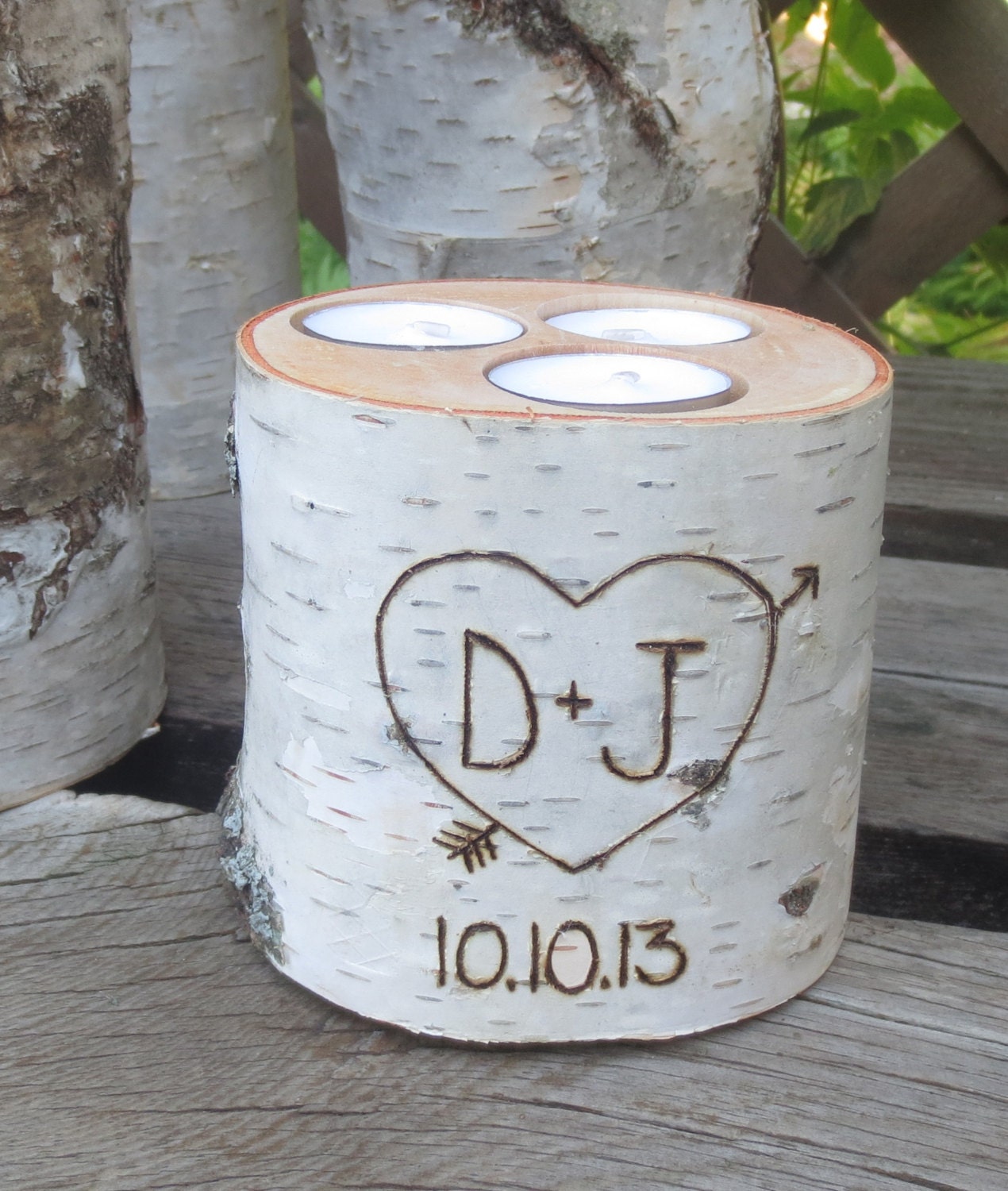 Birch Bark Candle Holder Personalized Rustic Wedding Centerpieces Wedding Date Cottage Chic Bridal Shower Decor Garden Party