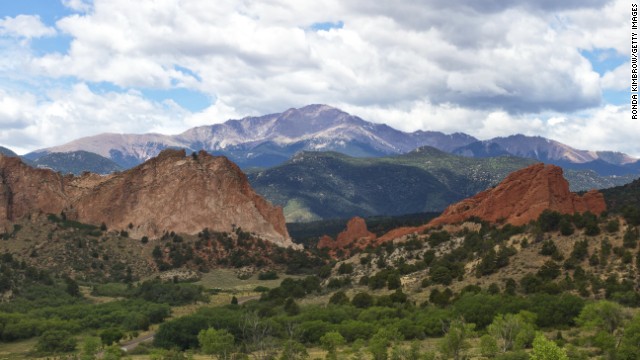 Catch a grand view of Pikes Peak from Garden of the Gods, some 1,300 acres of cliffs and boulders owned by the city of Colorado Springs, Colorado.