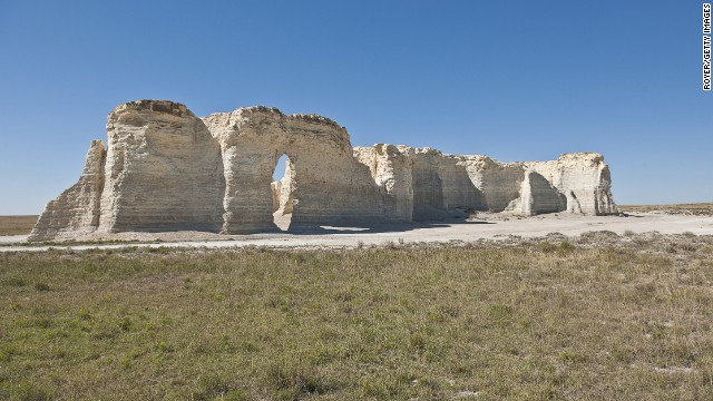 The so-called Chalk Monuments, a National Natural Landmark, were formed millions of years ago on the High Plains of western Kansas. 