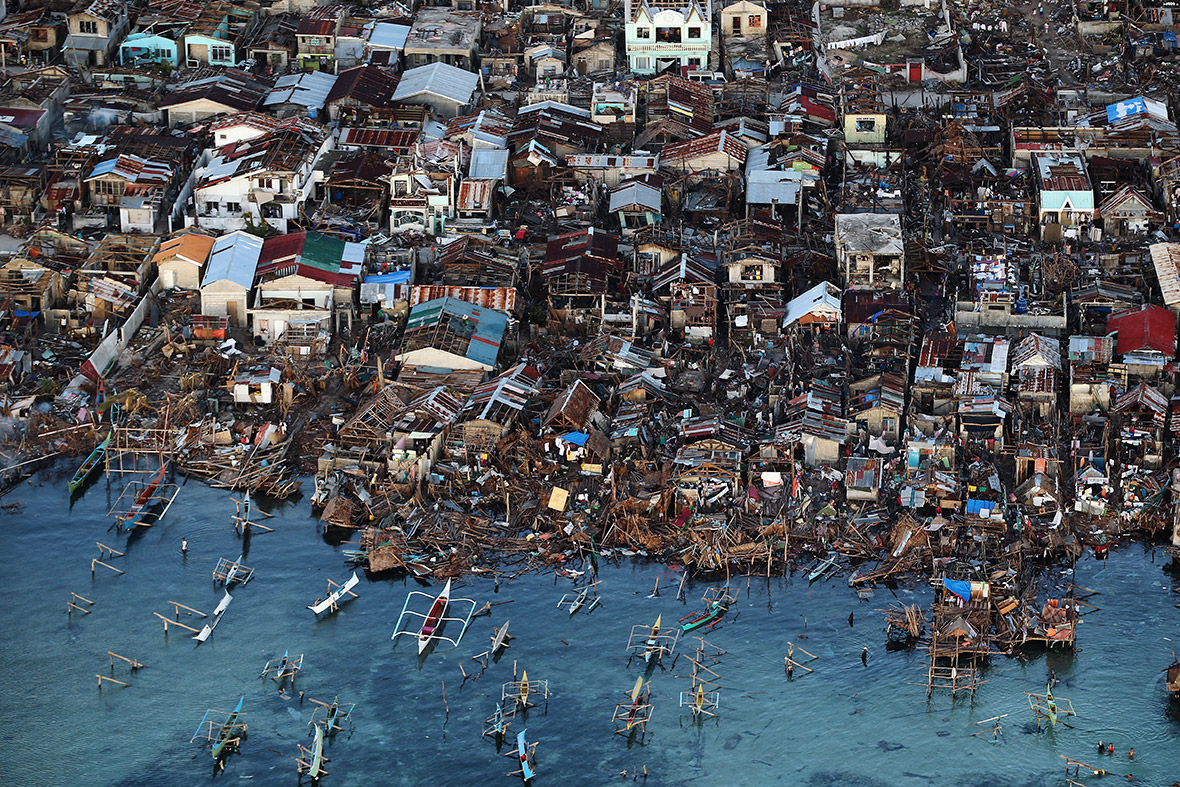 November 14, 2013: An aerial view of a demolished coastal town on Eastern Samar Island in Leyte