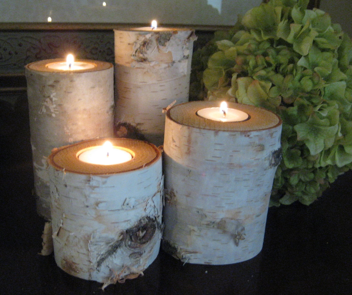 Birch Bark Log Tea Light Candle Holders Set of 4 - 5",4",3" , and 2" Tall Wedding Centerpieces Tablepieces Rustic Home Decor