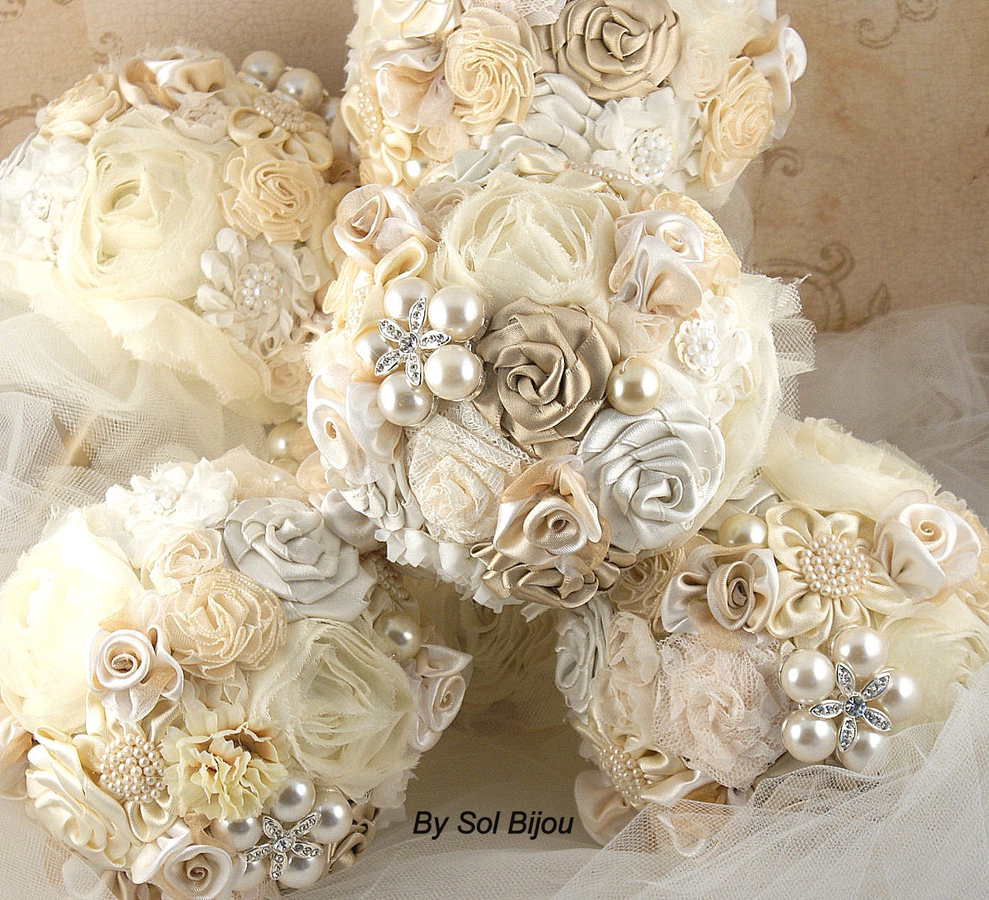 Bridesmaids Brooch Bouquets Wedding Bouquet in Champagne and Ivory- 6 bouquets