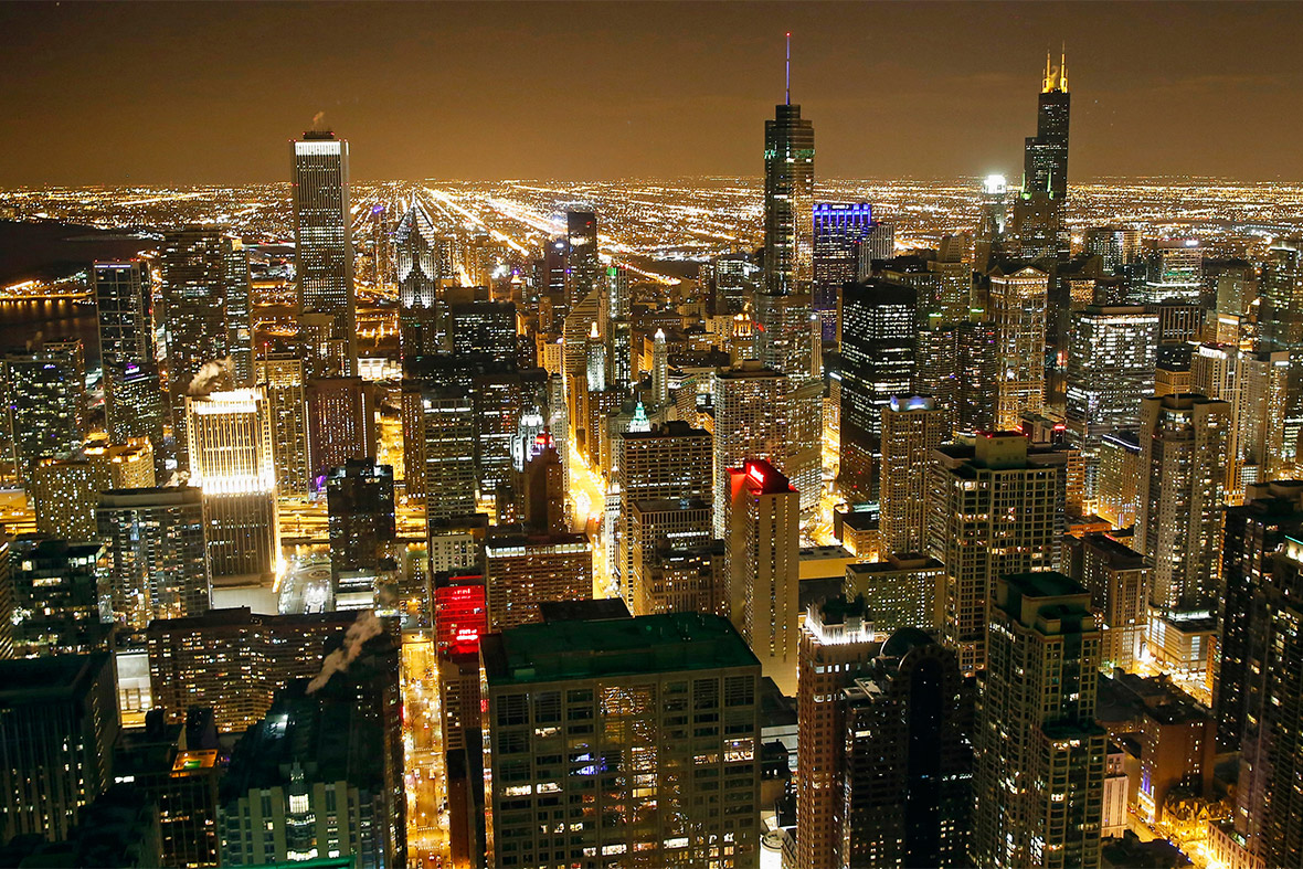 A night-time view of the city skyline in Chicago
