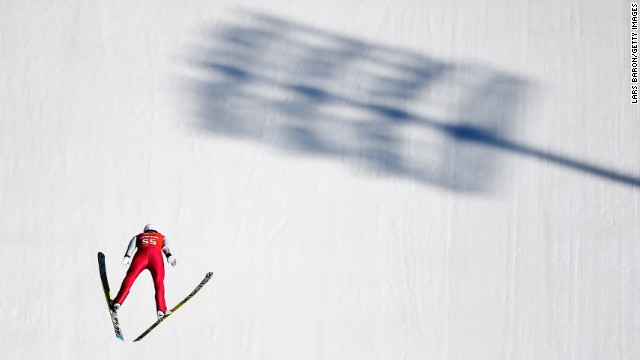 Eric Frenzel of Germany jumps during training for the large hill Nordic combined event February 15.