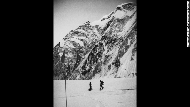 British Army soldiers and mountaineers John "Brummie" Stokes and Michael "Bronco" Lane above the icefall at the entrance to the West Col (or western pass) of Mount Everest during their successful ascent of the mountain. The joint British-Nepalese army expedition reached the summit on May 16, 1976.