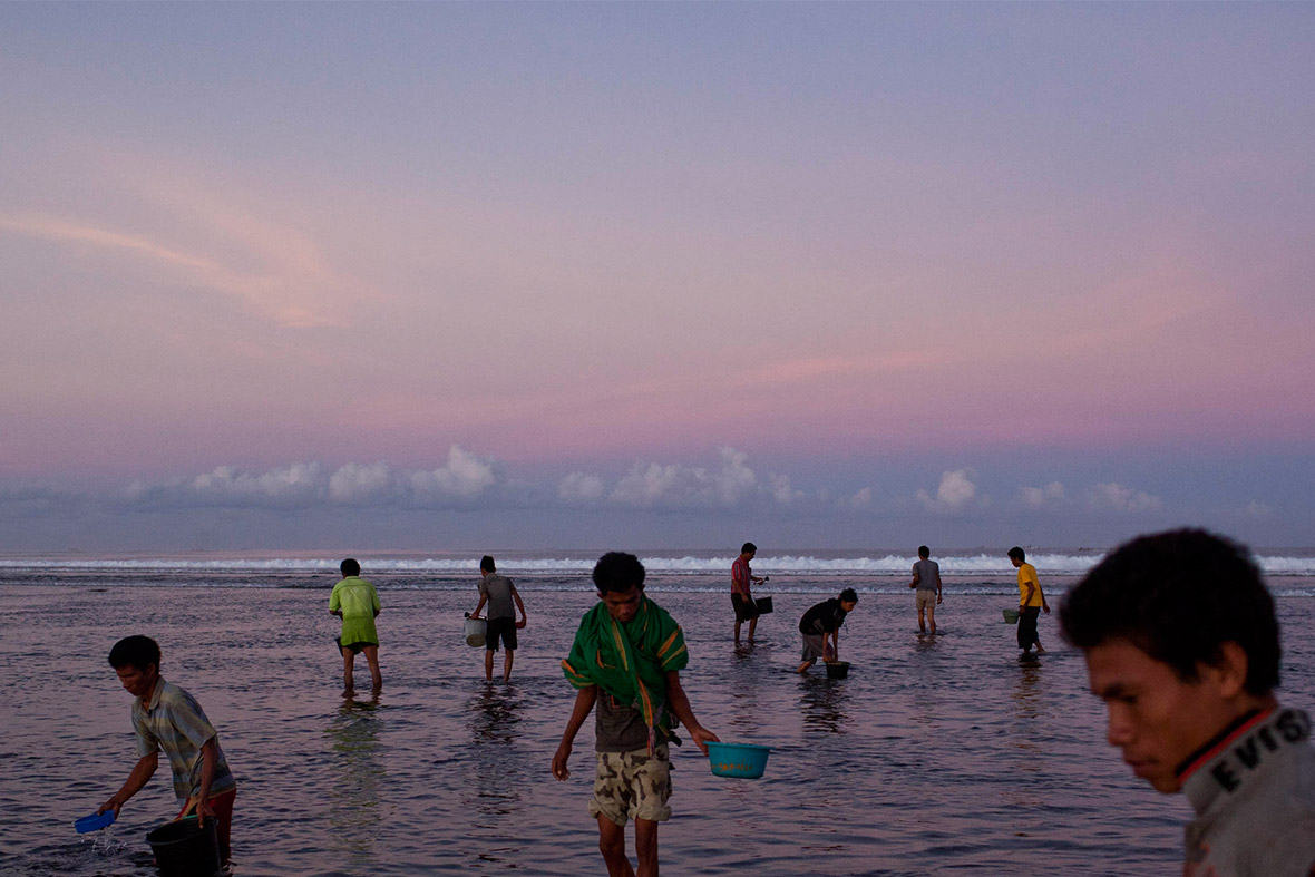 Villagers gather on the beach at sunrise to look for sea worms. These worms, known as Nyale, can be found in the shallow waters during February and March. The coming of the worms marks the end of the wet season and the time to begin planting rice