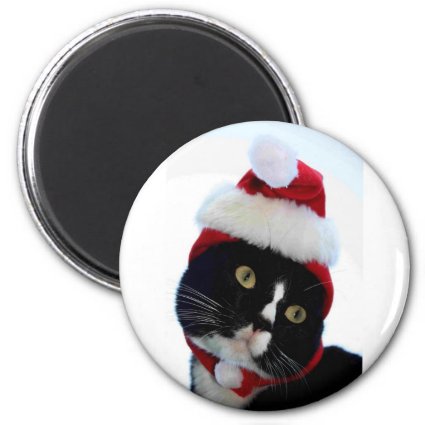 Black & White Cat Santa Hat looking left no frame 2 Inch Round Magnet
