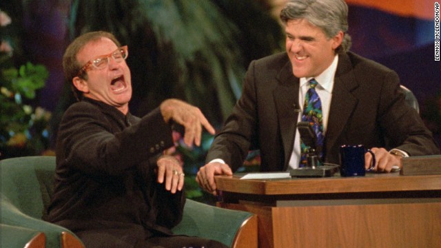 Jay Leno laughs as Williams jokes around during a taping of "The Tonight Show with Jay Leno" on November 13, 1995, at the MGM Grand Hotel in Las Vegas.