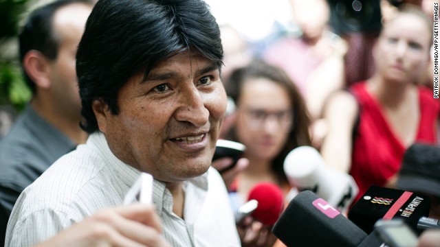Bolivian President Evo Morales holds a news conference at the Vienna International Airport on July 3. He angrily denied any wrongdoing after his plane was diverted to Vienna and said that Bolivia is willing to give asylum to Snowden, as "fair protest" after four European countries restricted his plane from flying back from Moscow to La Paz.