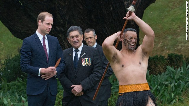 A Maori warrior performs during the welcoming ceremony. 